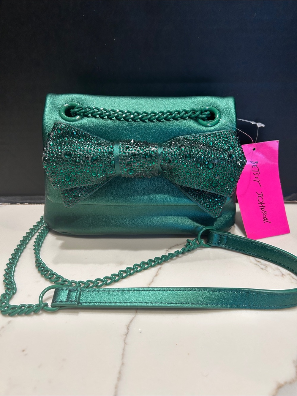 NWT Betsey Johnson Metallic Teal Green Evening Bling Bag Chain Strap Crossbody